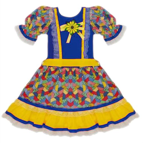 Vestido Infantil Junino Azul Saia Xadrez e Flor Amarela 3 anos