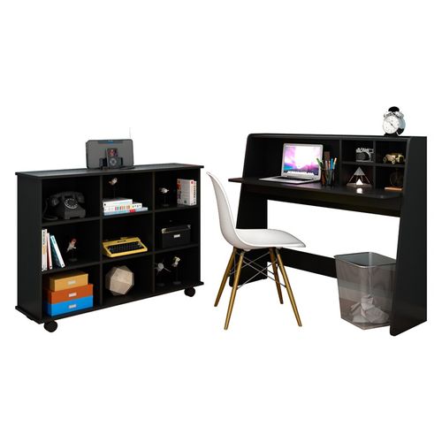Mesa Escrivaninha Idealle Nicho Multiuso Toys Preto e Cadeira Charles Branca - Mpozenato