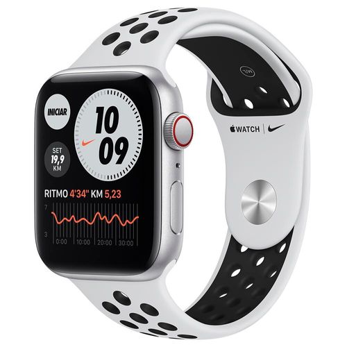 Apple Watch SE (GPS + Cellular), 44 mm, Caixa Prateada de Alumínio com Pulseira Esportiva Nike Platina/Preta.