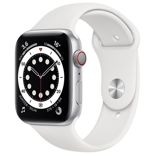 Apple Watch Series 6 (GPS + Cellular) 44mm Caixa Prateada de Alumínio com Pulseira Esportiva Branca.