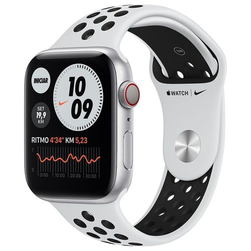 Apple Watch Series 6 (GPS + Cellular) 44mm Caixa Prateada de Alumínio com Pulseira Esportiva Nike Platina/Preta.