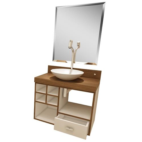 Gabinete para Banheiro Invest 7 Sochi com Cuba e Espelho - Branco/Nogal Branco/Nogueira