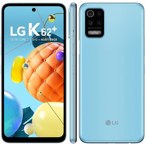 Smartphone LG K62+ Azul 128GB, Tela de 6.6”, Câmera Traseira Quádrupla, Android 10, Inteligência Artificial e Processador Octa-Core.