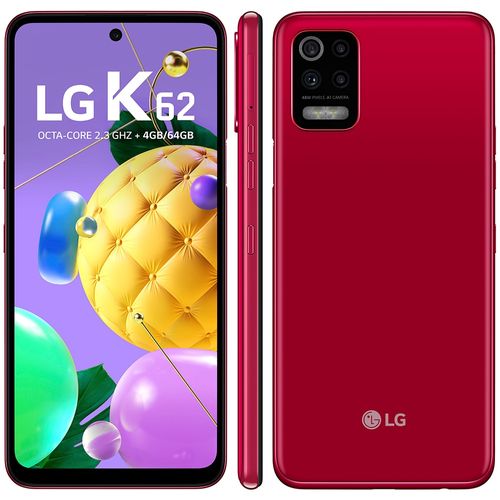 Smartphone LG K62 Vermelho 64GB, Tela de 6.6”, Câmera Traseira Quadrupla, Android 10, Inteligência Artificial e Processador Octa-Core.