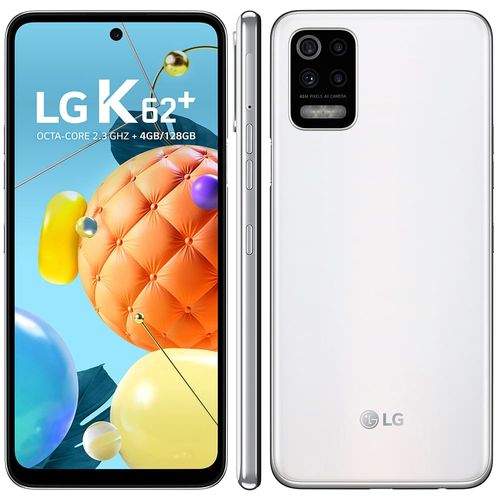 Smartphone LG K62+ Branco 128GB, Tela de 6.6”, Câmera Traseira Quádrupla, Android 10, Inteligência Artificial e Processador Octa-Core.