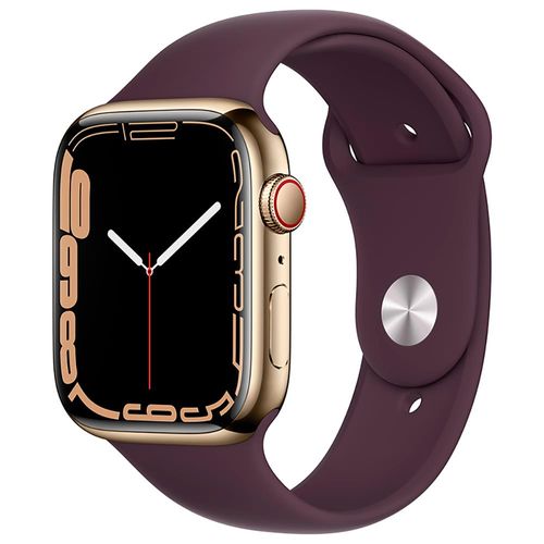 Apple Watch Series 7 GPS + Cellular, 45mm Caixa Dourada de Aço Inoxidável com Pulseira Esportiva Cereja Escura
