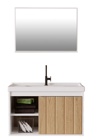 Conjunto para banheiro com lavatório e espelheira zeta 33x64cm branco/berlin ripado Cerocha
