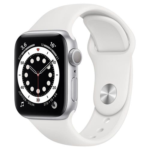 Apple Watch Series 6 (GPS) 40mm caixa prateada de alumínio com pulseira esportiva branca.