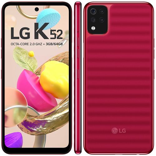Smartphone LG K52 Vermelho 64GB, Tela de 6.59”, Câmera Traseira Quádrupla, Android 10, Inteligência Artificial e Processador Octa-Core.