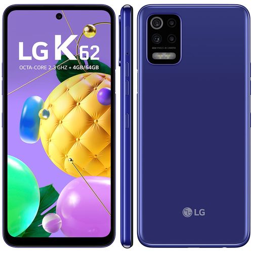 Smartphone LG K62 Azul 64GB, Tela de 6.6”, Câmera Traseira Quádrupla, Android 10, Inteligência Artificial e Processador Octa-Core.