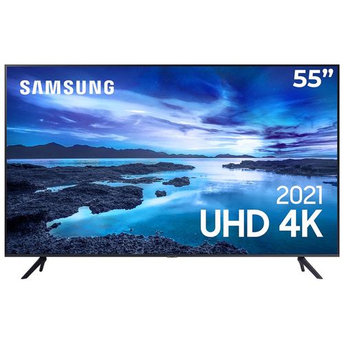 Smart 55\" TV UHD 4K Samsung 55AU7700, Processador Crystal 4K, Tela sem limites, Visual Livre de Cabos, Alexa built in, Controle Único.