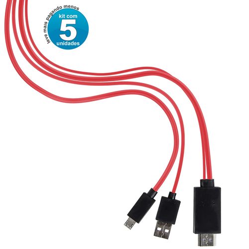 Kit com 5 Cabos Adaptador HDMI para Micro USB Galaxy S3/S4/Note II MHL 2.0